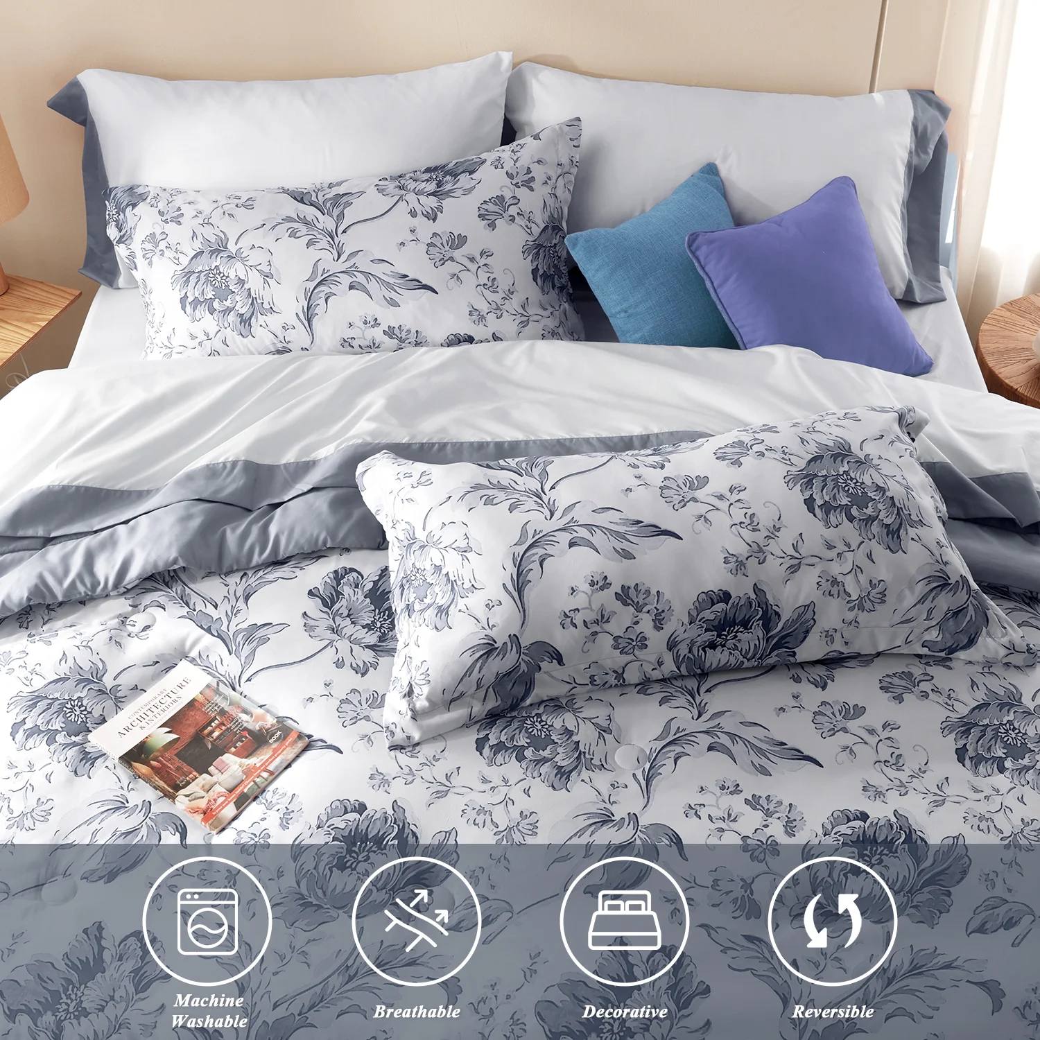 Vintage Floral Printed Comforter Set – 7 Piece Soft Hypoallergenic All-Season Bedding