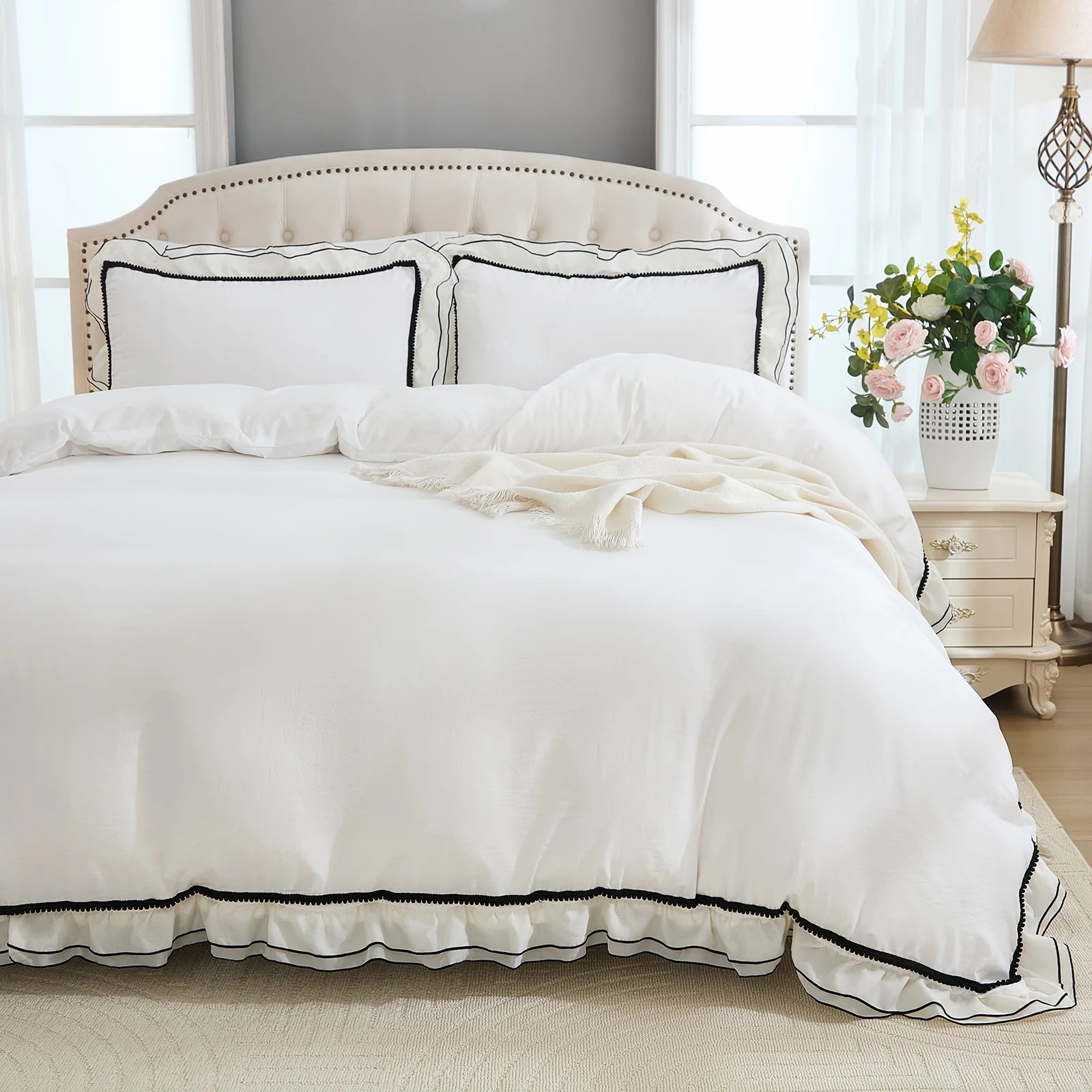 Pom-Pom Ruffled Comforter Set – 3 Piece Soft Microfiber All-Season Bedding Set