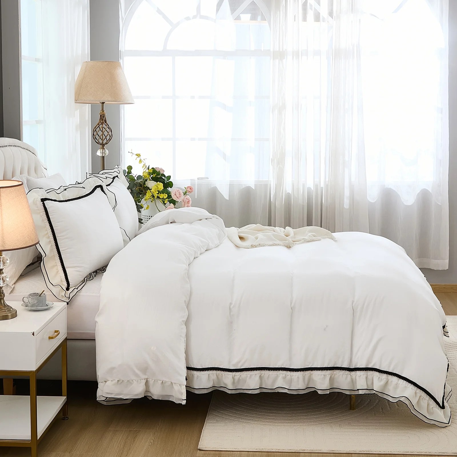 Pom-Pom Ruffled Comforter Set – 3 Piece Soft Microfiber All-Season Bedding Set