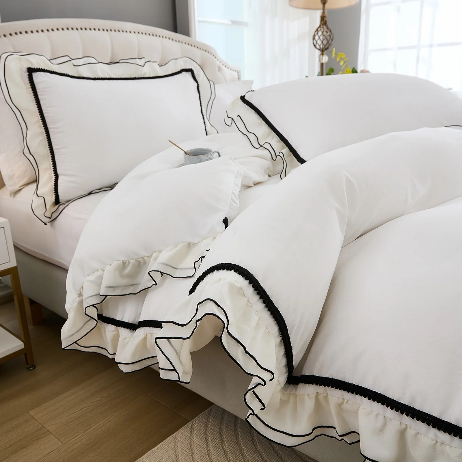 Pom-Pom Ruffled Comforter Set – 3 Piece Soft Microfiber All-Season Bedding Set