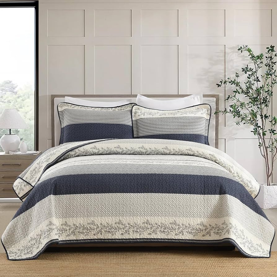 3-Piece Blue and White Stripe Quilted Bedcover Set with Floral Border and Matching Pillow Shams