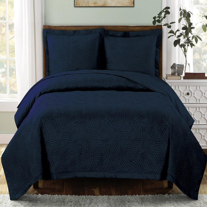 3-Piece Solid Navy Blue Ultrasonic Quilted Bedcover Set with Embossed Pattern and Pillow Shams