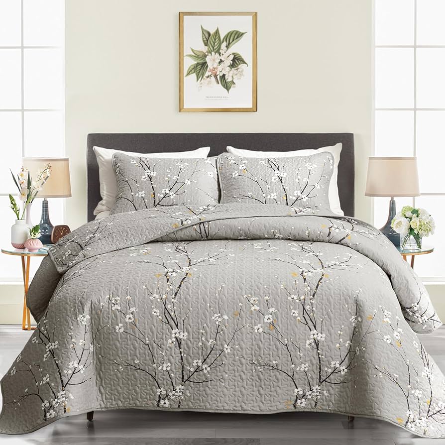 3-Piece Cherry Blossom Embroidery Quilted Bedcover Set in Soft Grey with Matching Pillow Shams