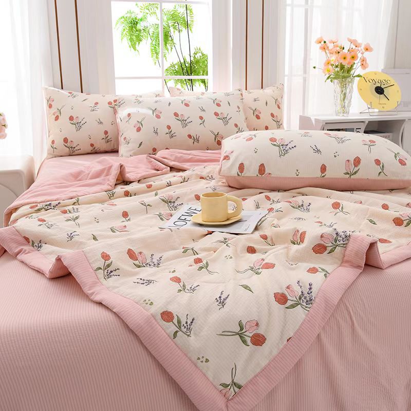 Ultra-Soft Bubble Cotton Summer Comforter Set – 3 Piece Rose Print Lightweight Bedding Set