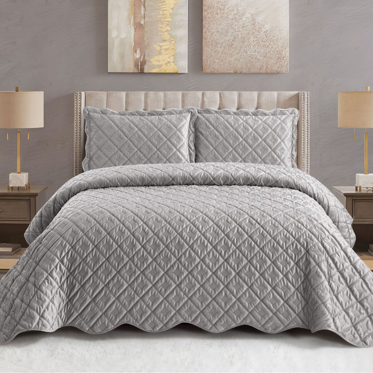 Reversible Plush & Microfiber Ultrasonic Quilted Bedspread Set – Soft Lightweight Coverlet Set with Down Alternative Filling, Machine Washable