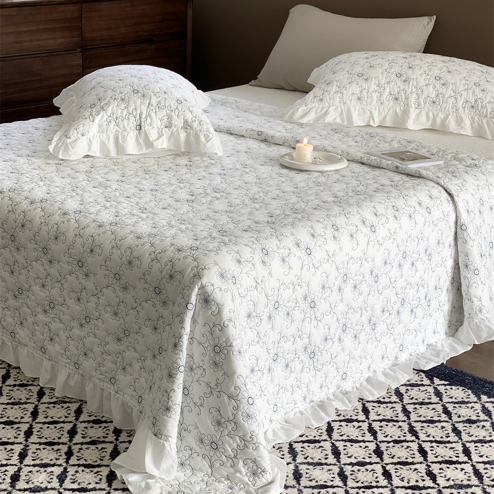 Floral Embroidered Cotton Bedspread Set – Soft Breathable Cotton Coverlet Set with Lace Trim, Machine Washable Bedding
