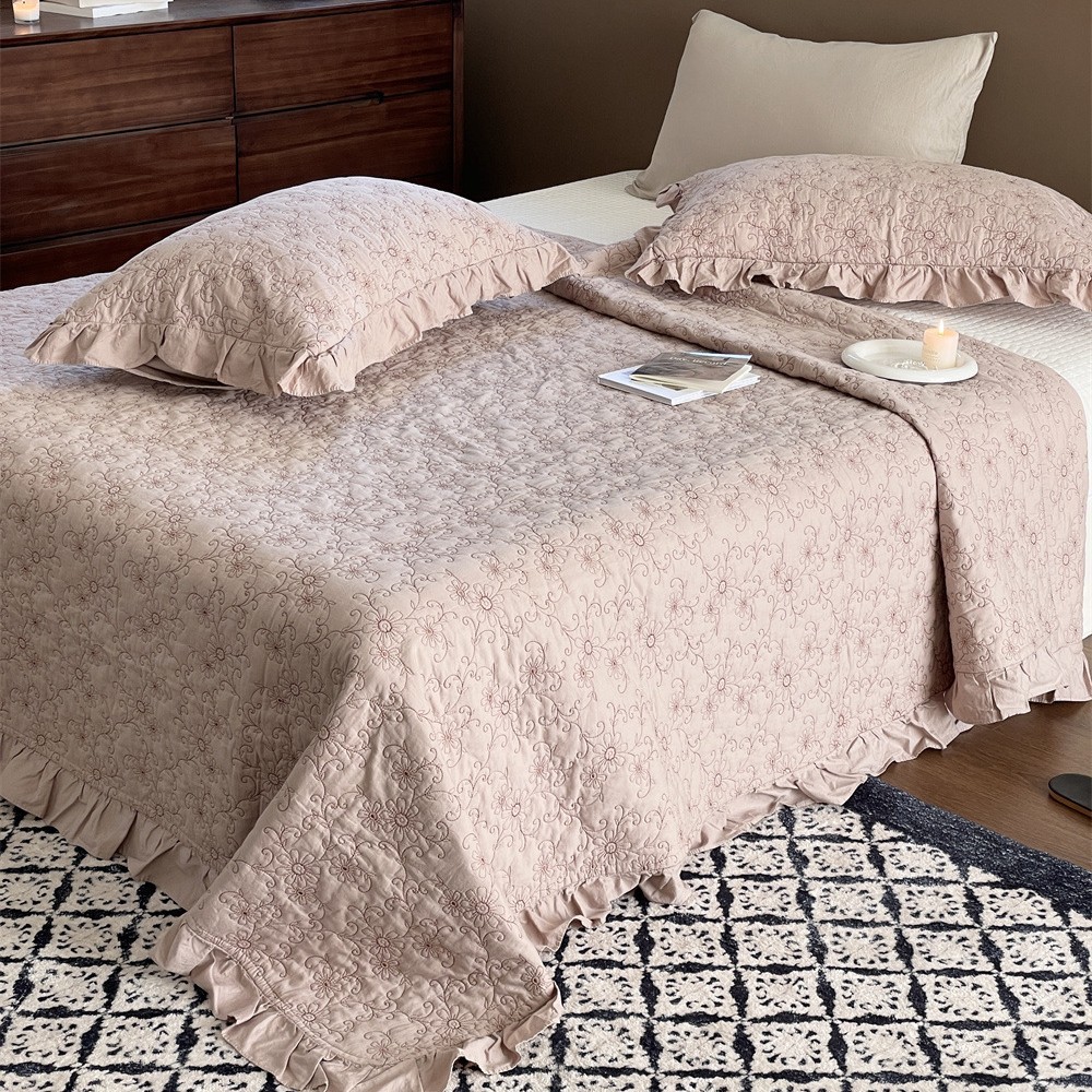 Floral Embroidered Cotton Bedspread Set – Soft Breathable Cotton Coverlet Set with Lace Trim, Machine Washable Bedding