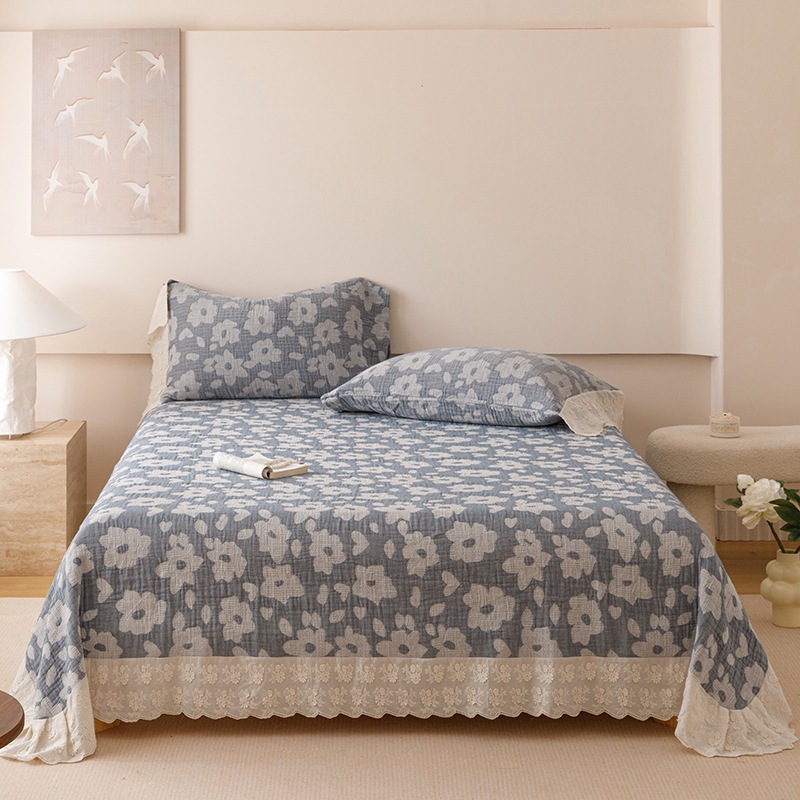 Yarn-Dyed Jacquard Cotton Gauze Bedspread Set – Four-Layer Cotton Coverlet Set with Korean-Style Lace Trim, Soft Breathable Bedding