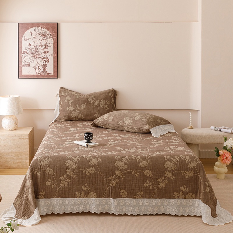 Yarn-Dyed Jacquard Cotton Gauze Bedspread Set – Four-Layer Cotton Coverlet Set with Korean-Style Lace Trim, Soft Breathable Bedding