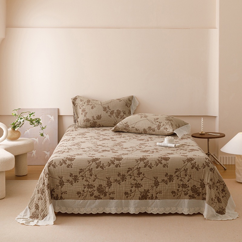 Yarn-Dyed Jacquard Cotton Gauze Bedspread Set – Four-Layer Cotton Coverlet Set with Korean-Style Lace Trim, Soft Breathable Bedding