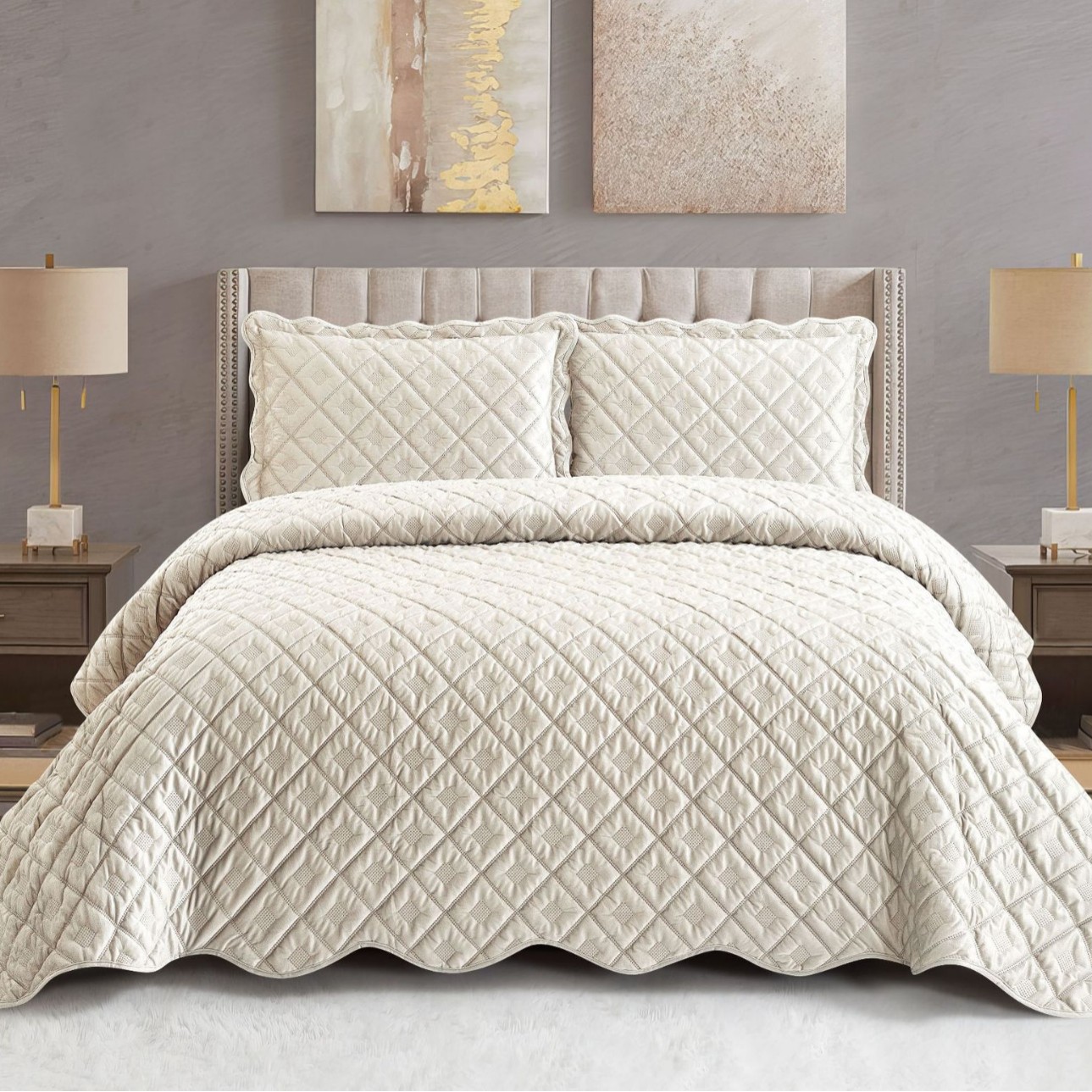 Reversible Plush & Microfiber Ultrasonic Quilted Bedspread Set – Soft Lightweight Coverlet Set with Down Alternative Filling, Machine Washable