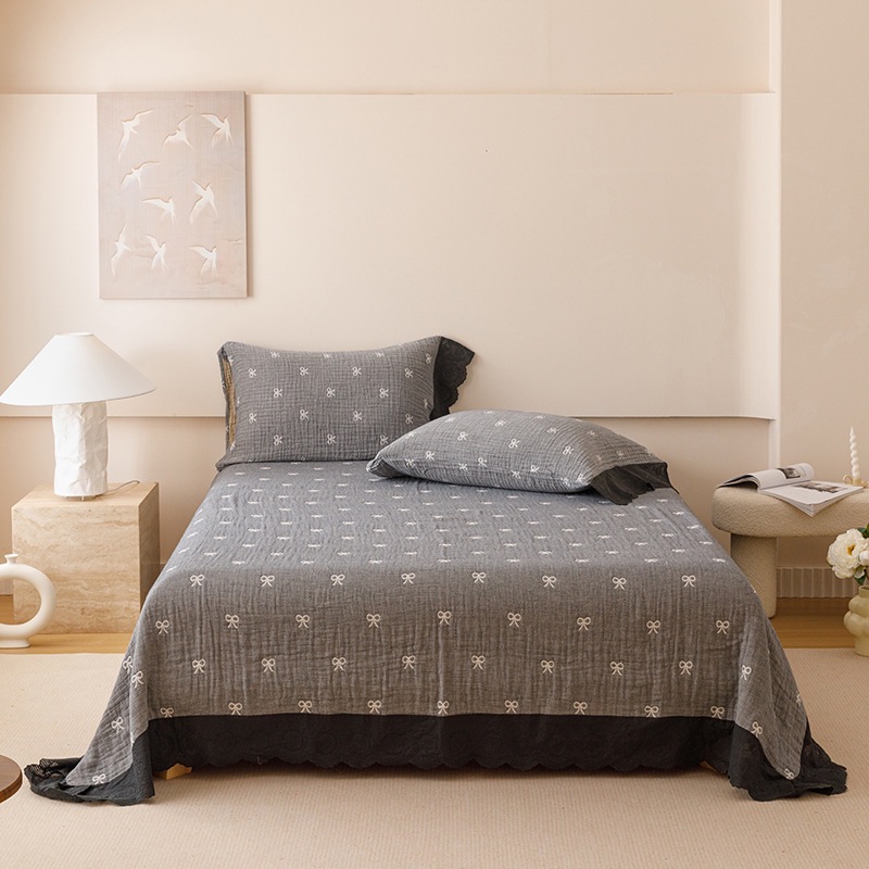 Yarn-Dyed Jacquard Cotton Gauze Bedspread Set – Four-Layer Cotton Coverlet Set with Korean-Style Lace Trim, Soft Breathable Bedding