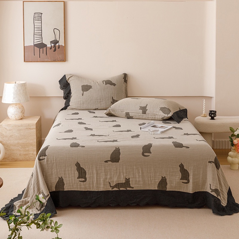 Yarn-Dyed Jacquard Cotton Gauze Bedspread Set – Four-Layer Cotton Coverlet Set with Korean-Style Lace Trim, Soft Breathable Bedding