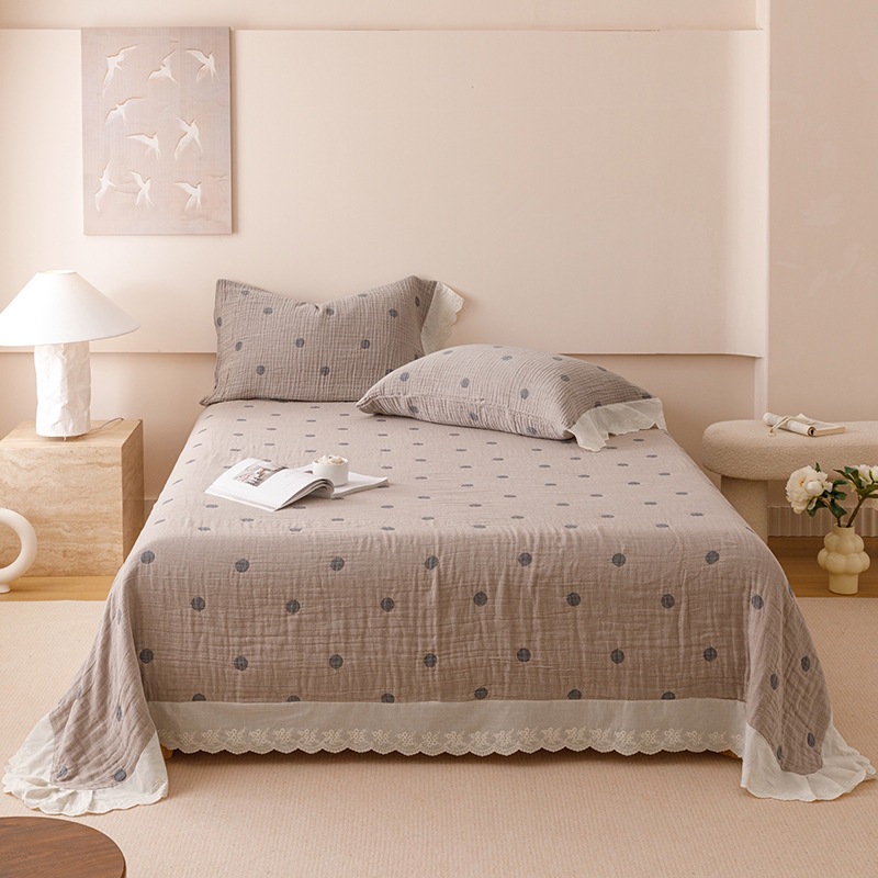 Yarn-Dyed Jacquard Cotton Gauze Bedspread Set – Four-Layer Cotton Coverlet Set with Korean-Style Lace Trim, Soft Breathable Bedding