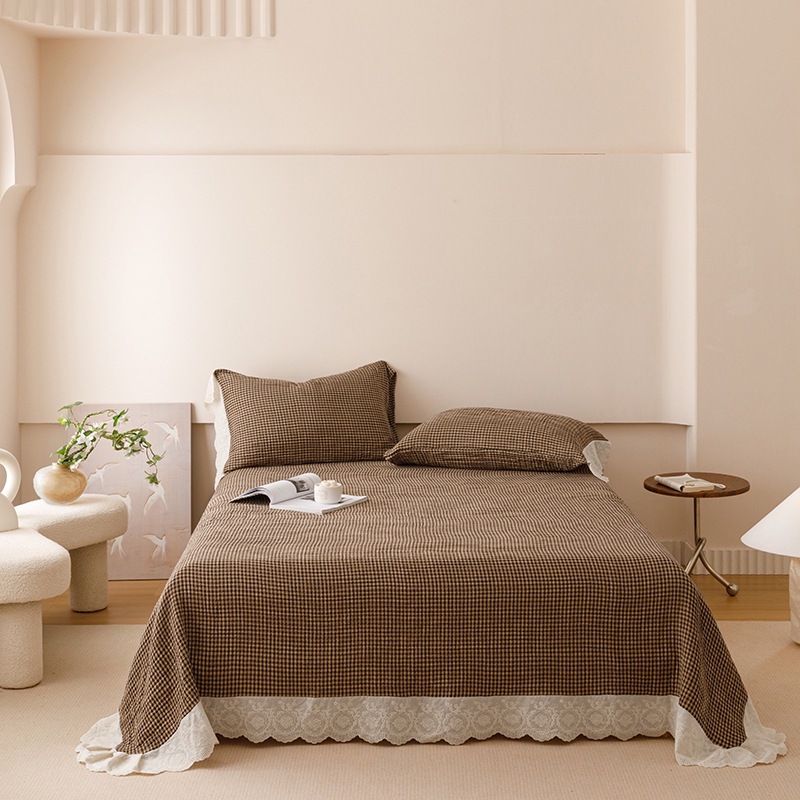 Yarn-Dyed Jacquard Cotton Gauze Bedspread Set – Four-Layer Cotton Coverlet Set with Korean-Style Lace Trim, Soft Breathable Bedding