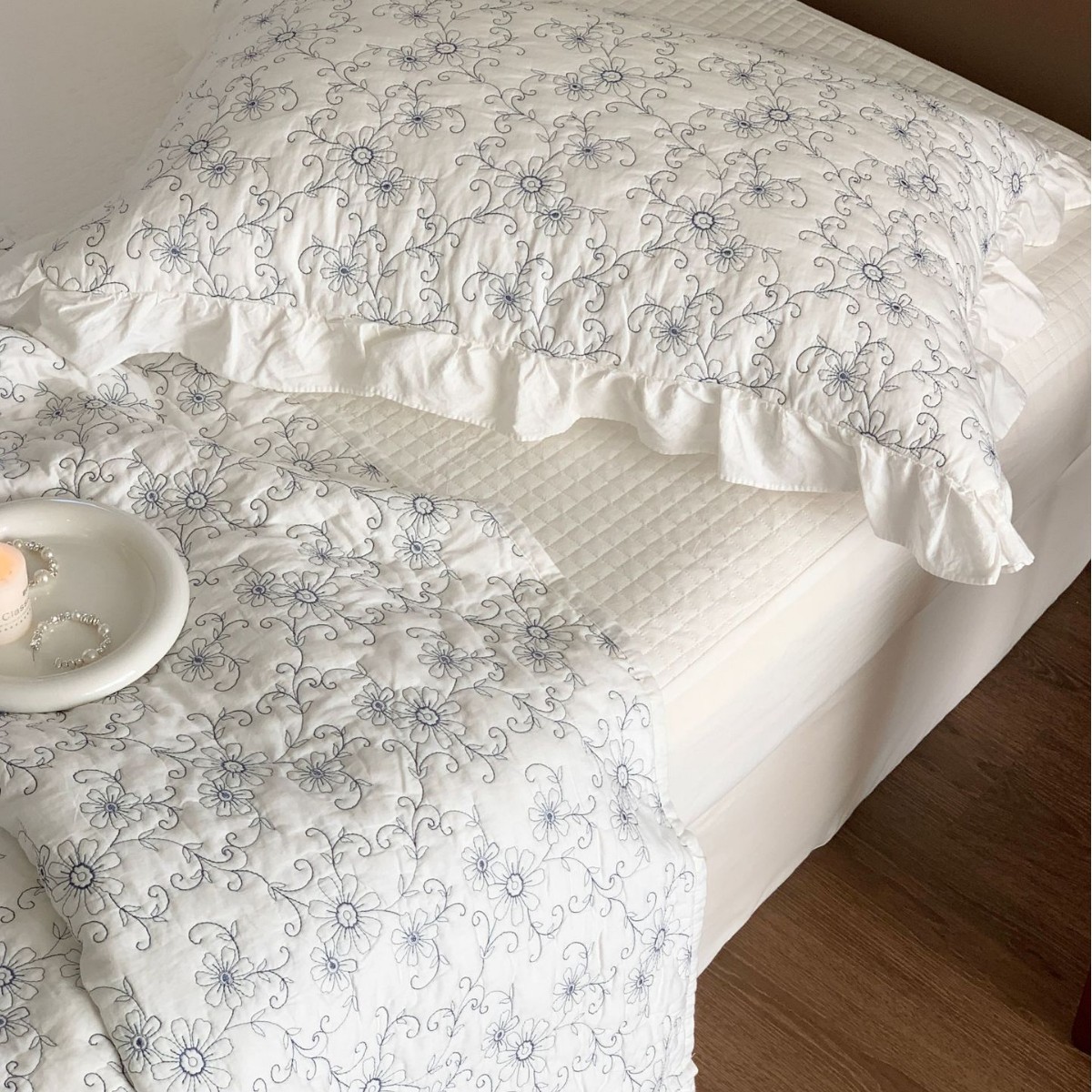 Floral Embroidered Cotton Bedspread Set – Soft Breathable Cotton Coverlet Set with Lace Trim, Machine Washable Bedding