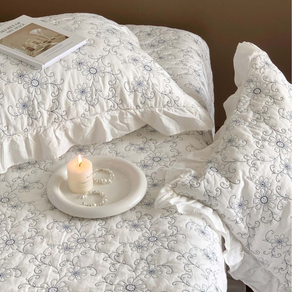 Floral Embroidered Cotton Bedspread Set – Soft Breathable Cotton Coverlet Set with Lace Trim, Machine Washable Bedding