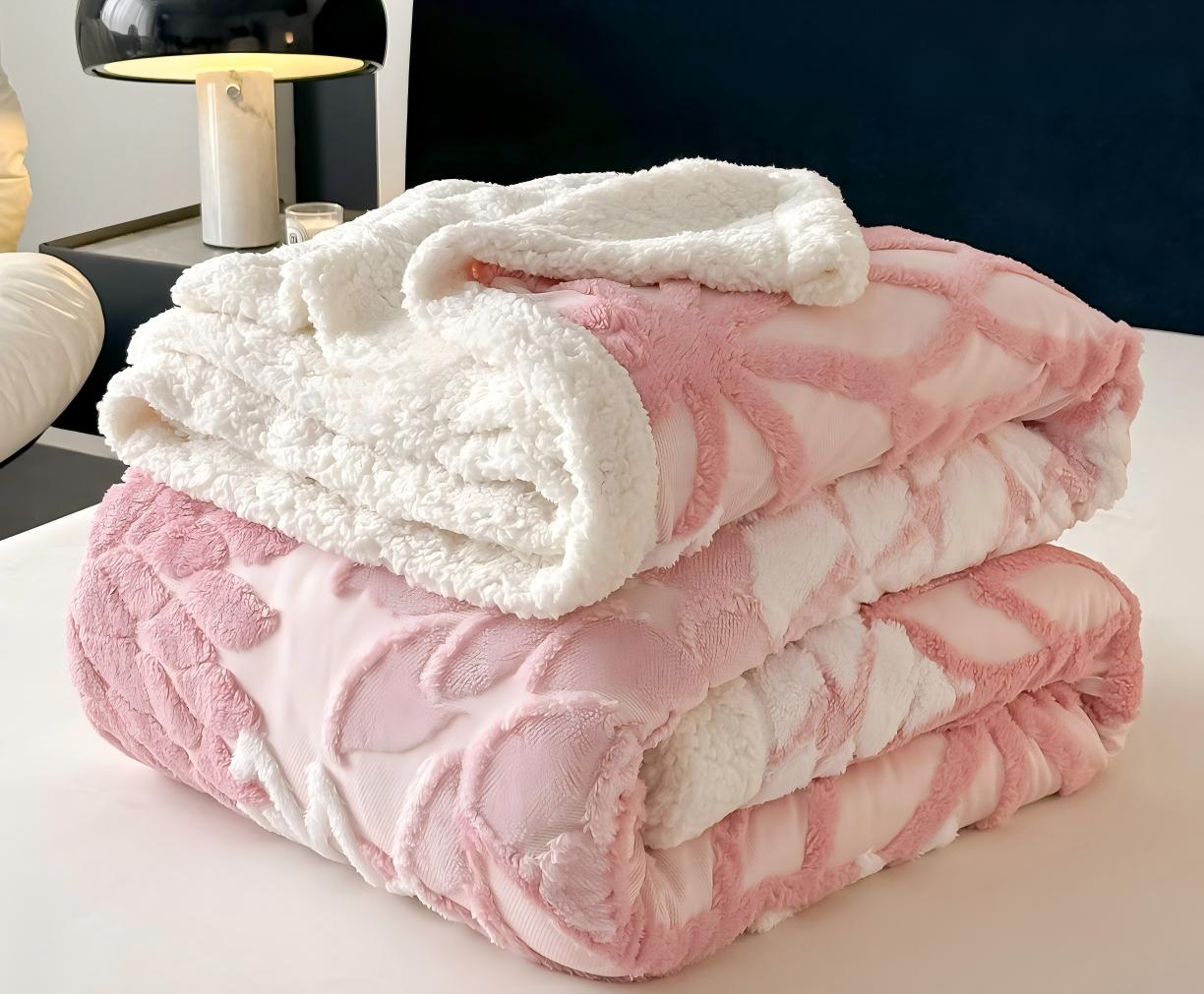 Cationic Hollow Jacquard Sherpa Double-Layer Blanket, Reversible Soft Warm Throw Blanket for Sofa, Bed, and Office, Machine Washable