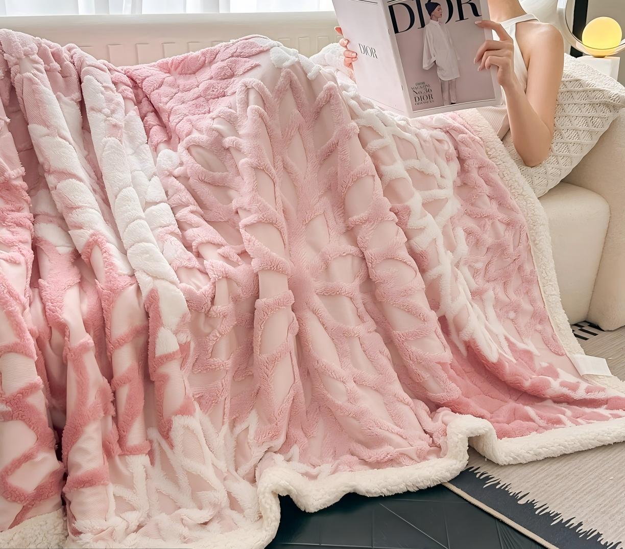 Cationic Hollow Jacquard Sherpa Double-Layer Blanket, Reversible Soft Warm Throw Blanket for Sofa, Bed, and Office, Machine Washable