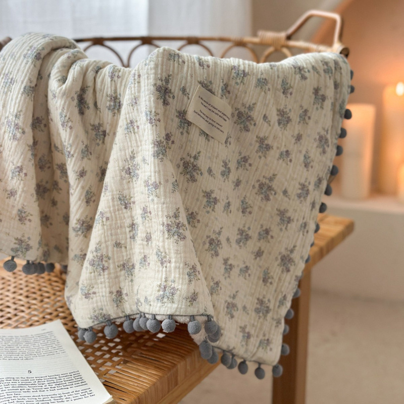 Cotton Crinkle Gauze Baby Blanket, Double-Sided Cotton & Soft Plush Infant Blanket with Tassel Balls, Multi-Purpose Baby Towel, Swaddle, and Crib Blanket