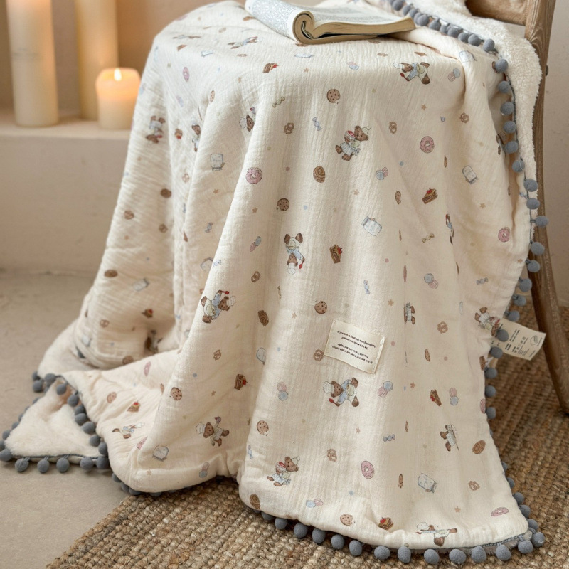 Cotton Crinkle Gauze Baby Blanket, Double-Sided Cotton & Soft Plush Infant Blanket with Tassel Balls, Multi-Purpose Baby Towel, Swaddle, and Crib Blanket