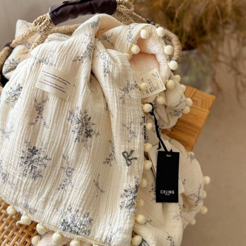 Cotton Crinkle Gauze Baby Blanket, Double-Sided Cotton & Soft Plush Infant Blanket with Tassel Balls, Multi-Purpose Baby Towel, Swaddle, and Crib Blanket