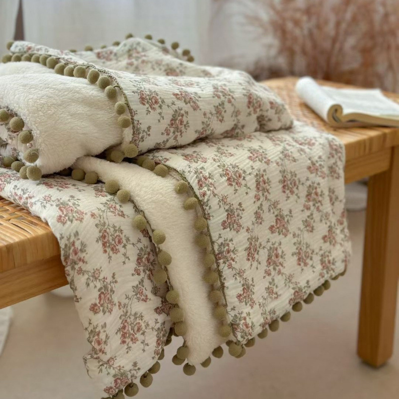 Cotton Crinkle Gauze Baby Blanket, Double-Sided Cotton & Soft Plush Infant Blanket with Tassel Balls, Multi-Purpose Baby Towel, Swaddle, and Crib Blanket