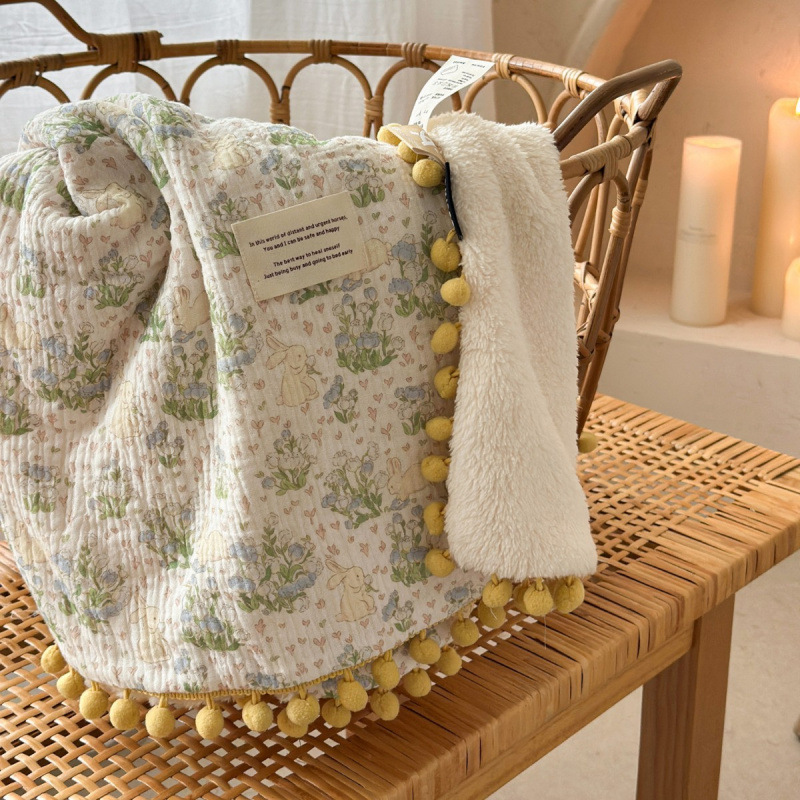 Cotton Crinkle Gauze Baby Blanket, Double-Sided Cotton & Soft Plush Infant Blanket with Tassel Balls, Multi-Purpose Baby Towel, Swaddle, and Crib Blanket