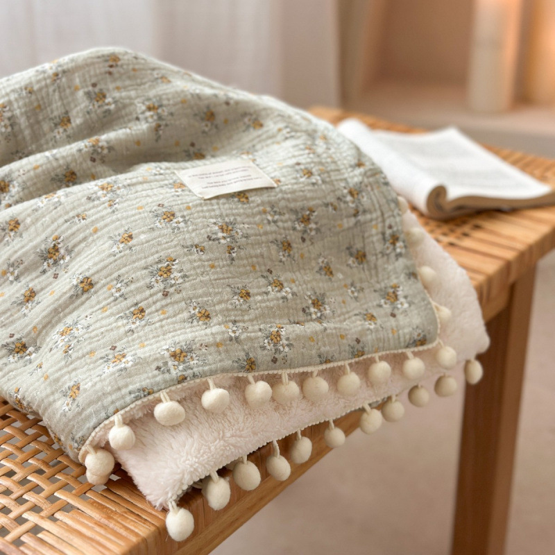 Cotton Crinkle Gauze Baby Blanket, Double-Sided Cotton & Soft Plush Infant Blanket with Tassel Balls, Multi-Purpose Baby Towel, Swaddle, and Crib Blanket