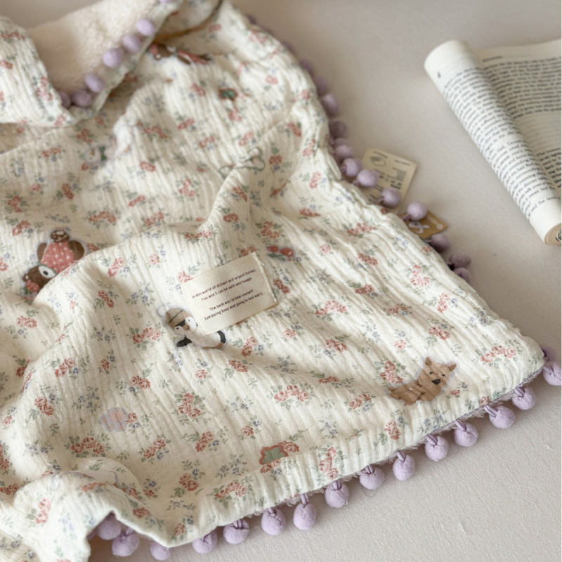 Cotton Crinkle Gauze Baby Blanket, Double-Sided Cotton & Soft Plush Infant Blanket with Tassel Balls, Multi-Purpose Baby Towel, Swaddle, and Crib Blanket