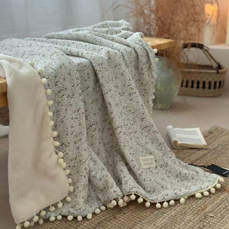 Cotton Crinkle Gauze Baby Blanket, Double-Sided Cotton & Soft Plush Infant Blanket with Tassel Balls, Multi-Purpose Baby Towel, Swaddle, and Crib Blanket