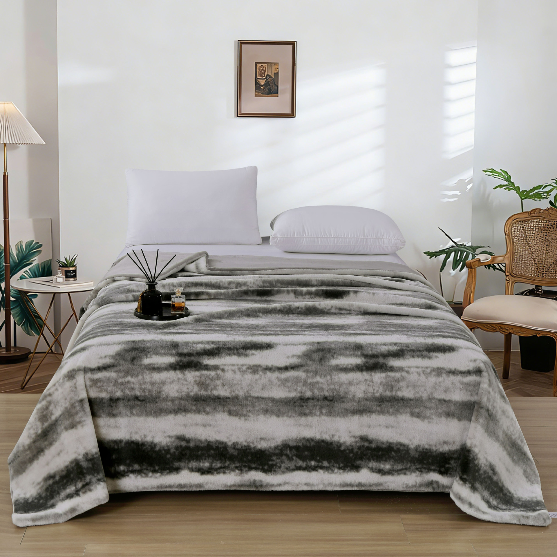Tie-Dye Faux Rabbit Fur Double-Layer Blanket, Soft Plush Reversible Throw Blanket in Black, White and Gray, Warm Cozy Blanket for Sofa and Bed, Machine Washable