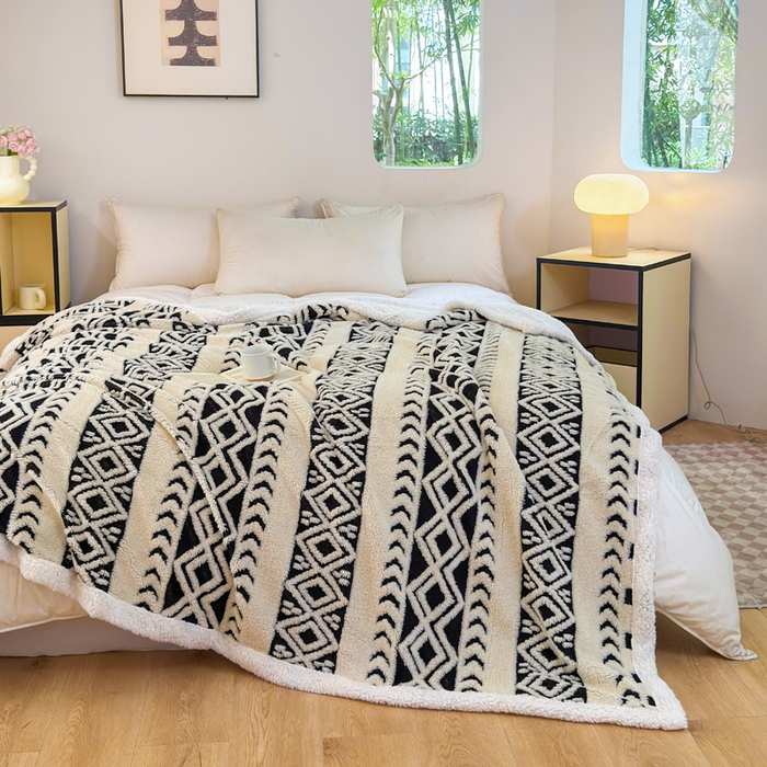 Cationic Jacquard Sherpa Fleece Blanket, Thick Soft Warm Throw Blanket for Sofa, Bed, Car and Office, Machine Washable