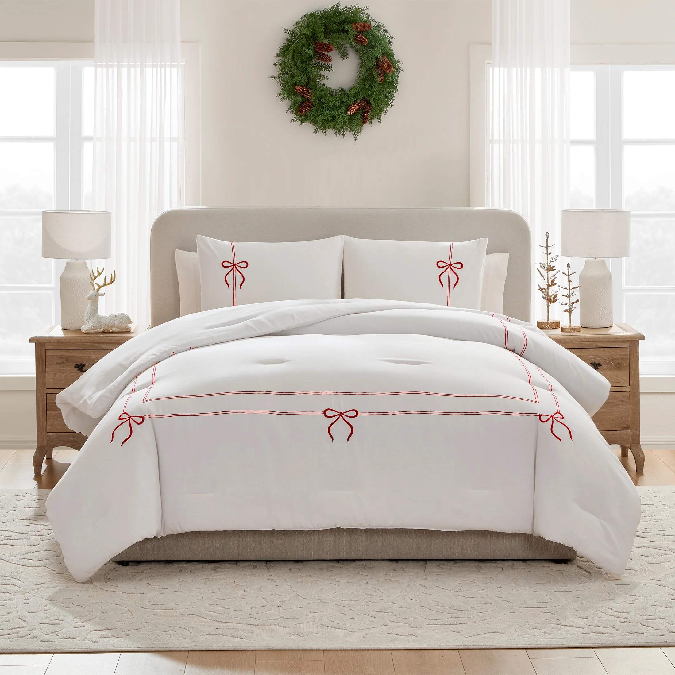 Sweet Bow Embroidered White Comforter Set – 3 Piece Elegant All-Season Bedding Set