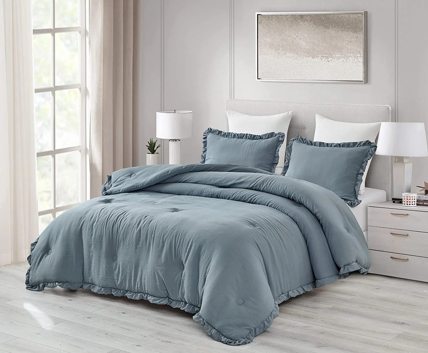 Washed Ruffled Vintage Comforter Set – 3 Piece Silky Soft All-Season Bedding Set