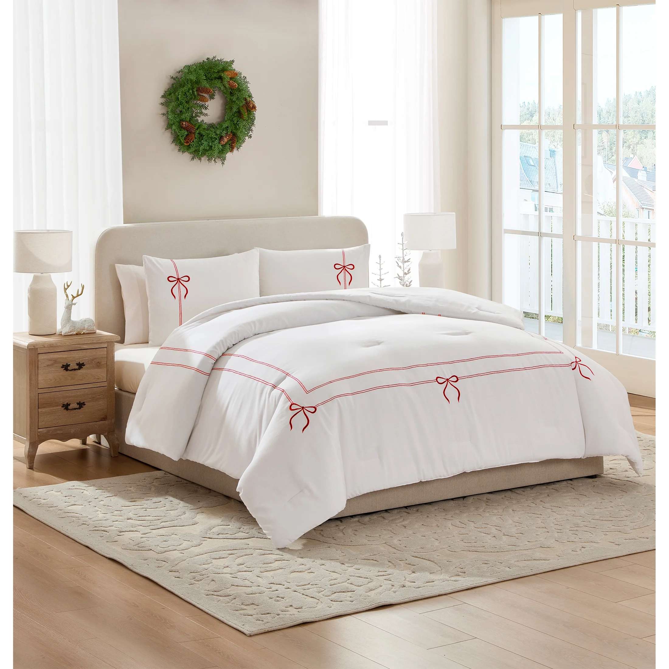 Sweet Bow Embroidered White Comforter Set – 3 Piece Elegant All-Season Bedding Set