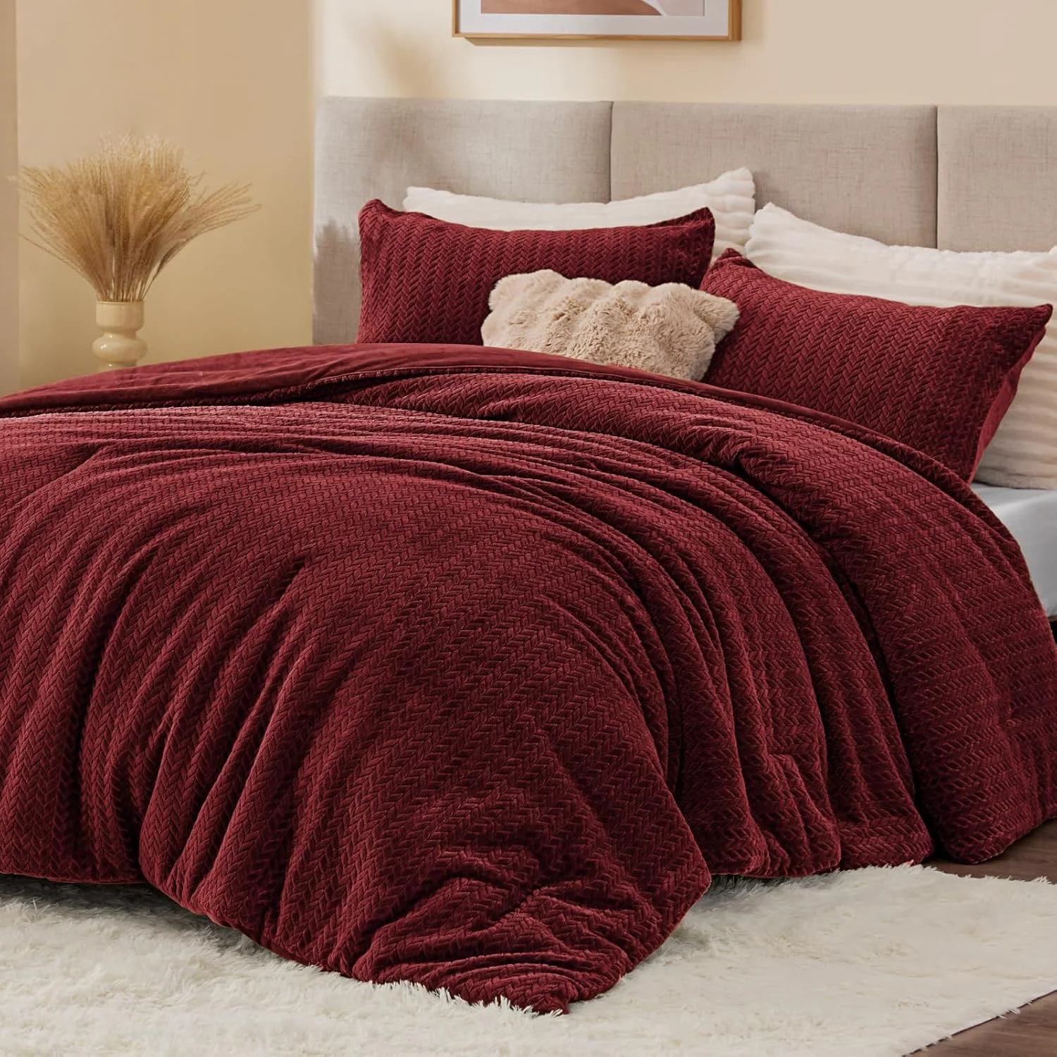 Embroidered Knit Flannel Winter Comforter – Reversible Velvet Plush Warm Quilt