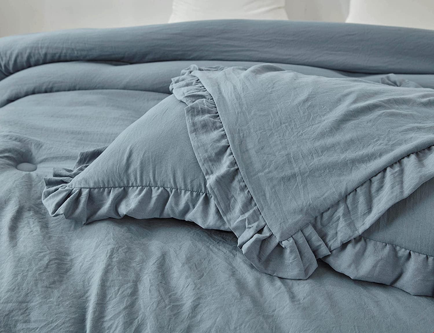 Washed Ruffled Vintage Comforter Set – 3 Piece Silky Soft All-Season Bedding Set