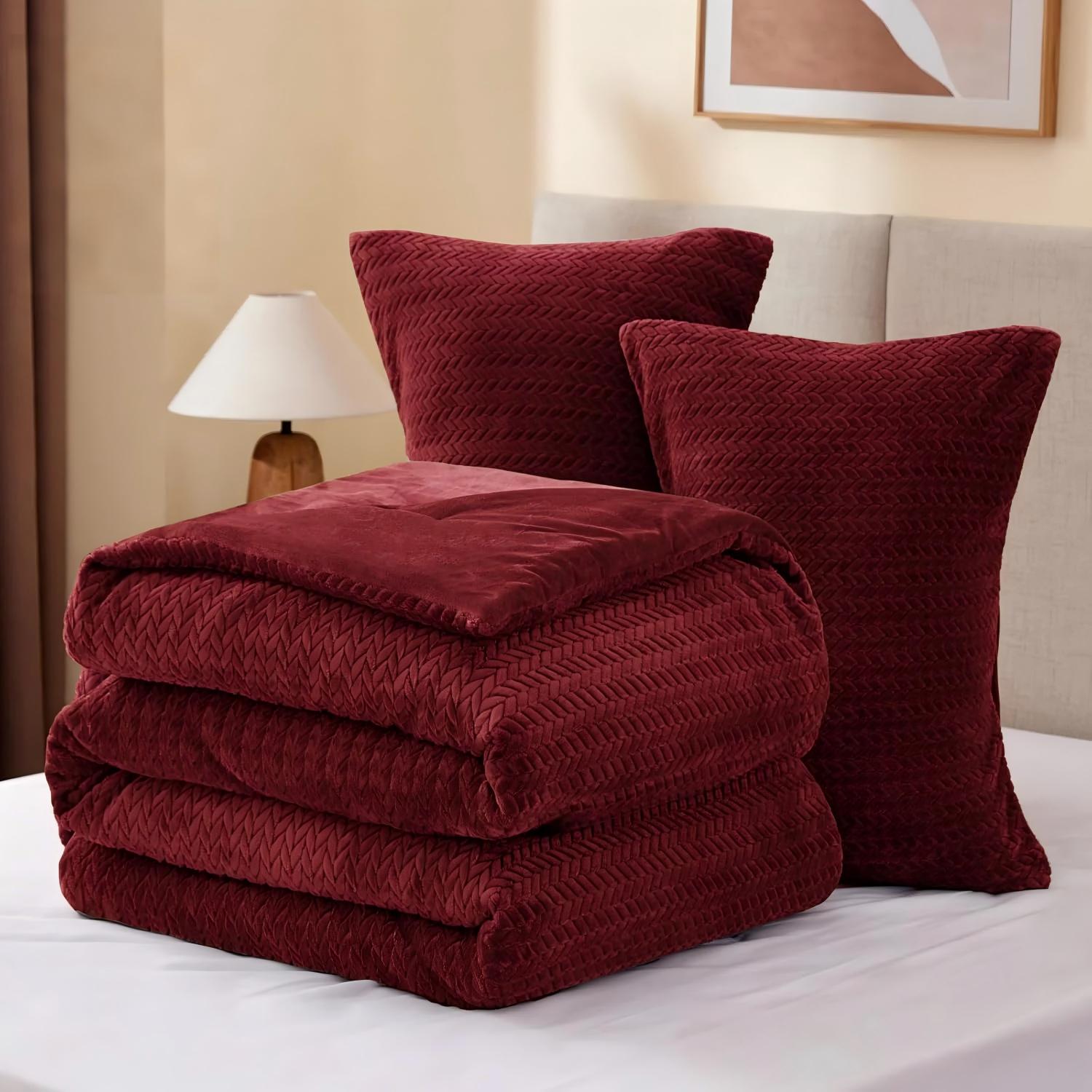 Embroidered Knit Flannel Winter Comforter – Reversible Velvet Plush Warm Quilt