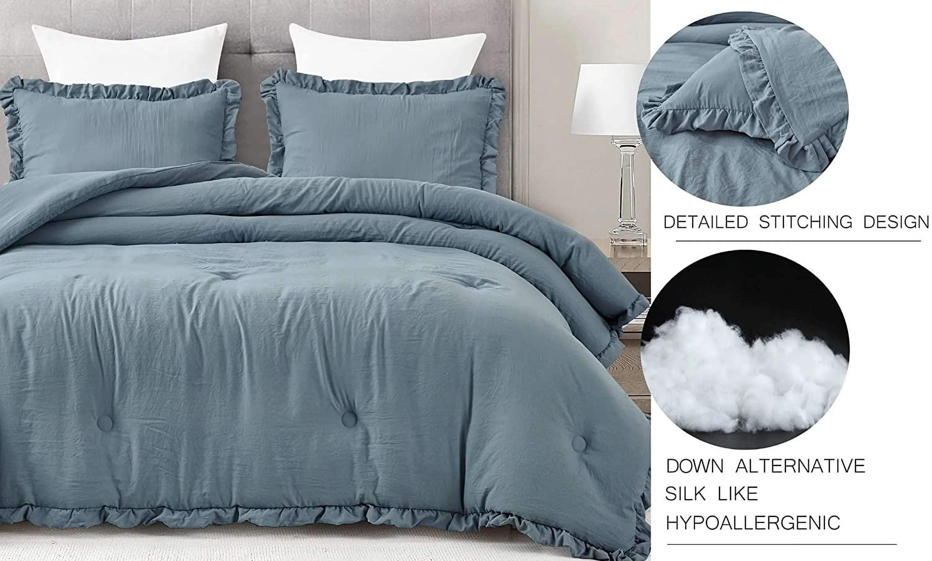 Washed Ruffled Vintage Comforter Set – 3 Piece Silky Soft All-Season Bedding Set