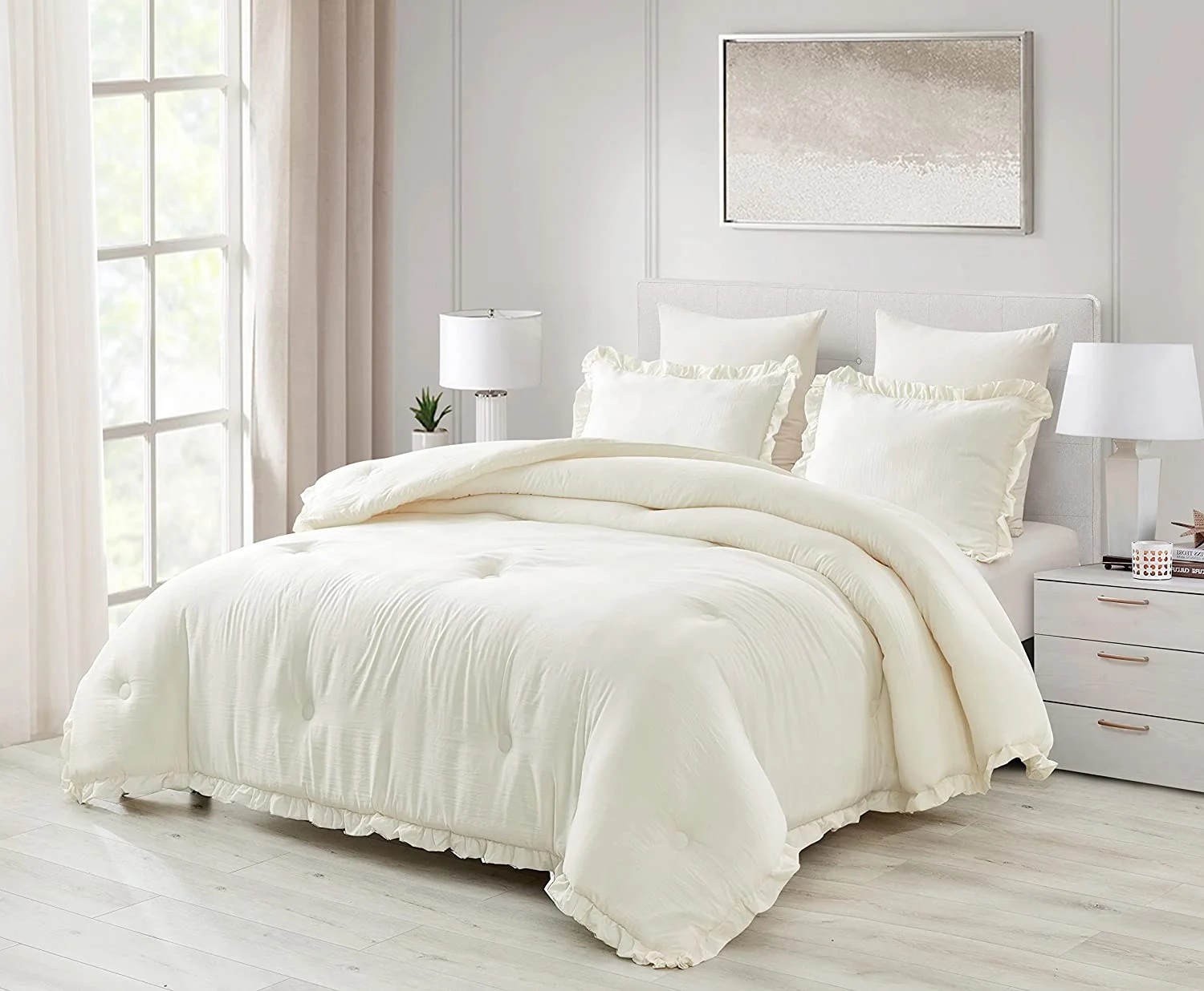 Washed Ruffled Vintage Comforter Set – 3 Piece Silky Soft All-Season Bedding Set