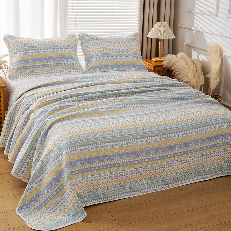 Pure Cotton Six-Layer Gauze Bedspread Set, Yarn-Dyed Jacquard Reversible 3-Piece Coverlet Set, Breathable All-Season Bedding for Bed