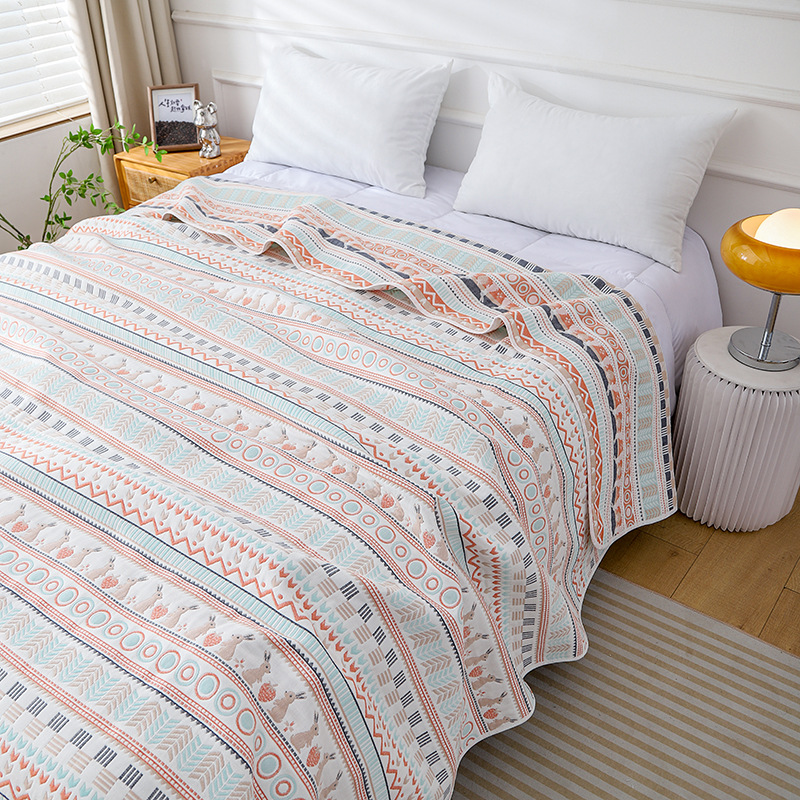 Pure Cotton Six-Layer Gauze Bedspread Set, Yarn-Dyed Jacquard Reversible 3-Piece Coverlet Set, Breathable All-Season Bedding for Bed