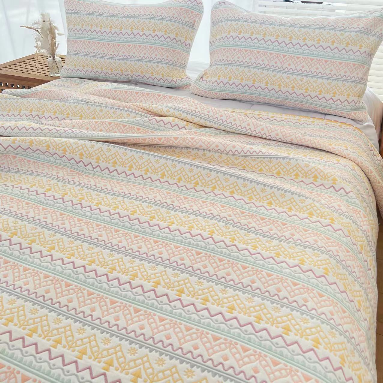 Pure Cotton Six-Layer Gauze Bedspread Set, Yarn-Dyed Jacquard Reversible 3-Piece Coverlet Set, Breathable All-Season Bedding for Bed