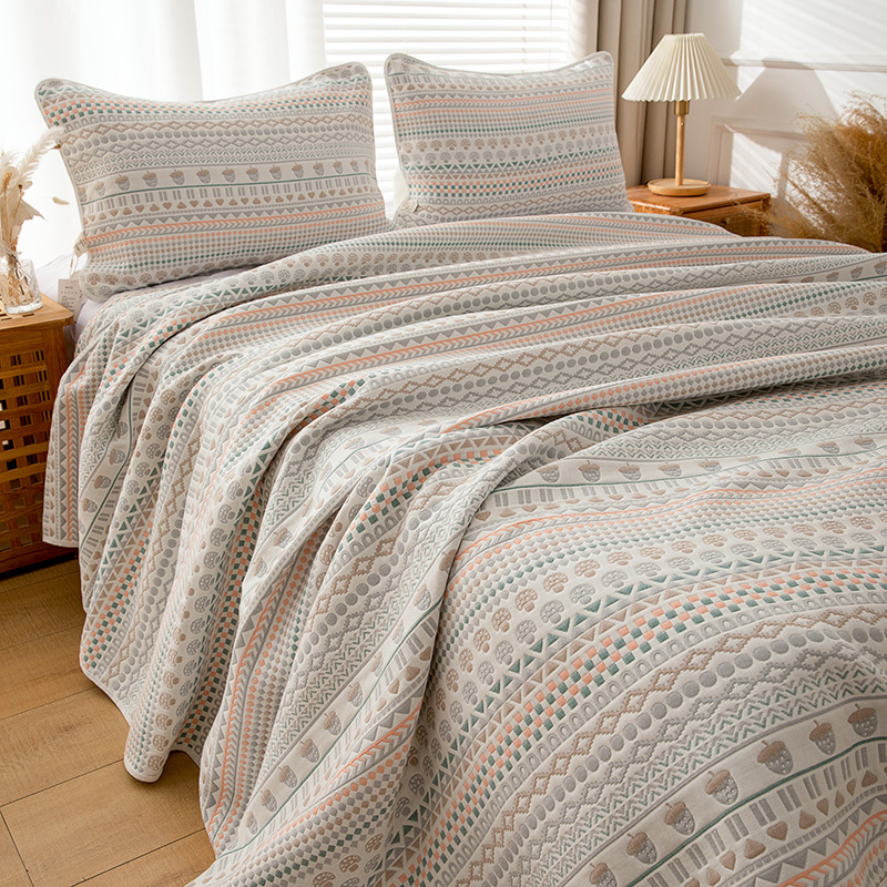 Pure Cotton Six-Layer Gauze Bedspread Set, Yarn-Dyed Jacquard Reversible 3-Piece Coverlet Set, Breathable All-Season Bedding for Bed