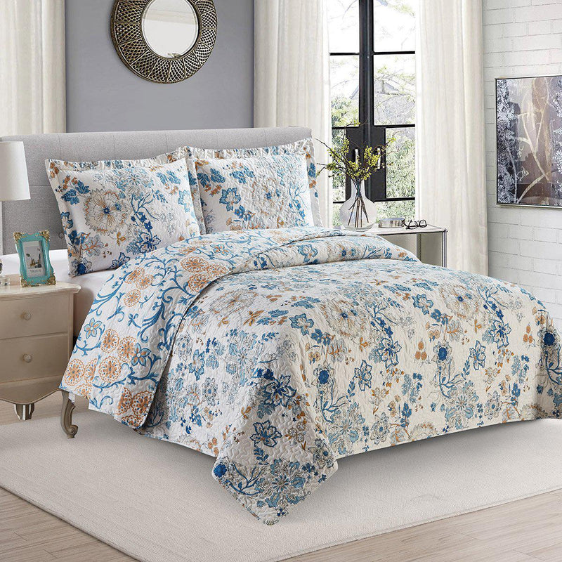 3-Piece Lightweight Floral Medallion Quilted Bedcover Set with Delicate Stitching and Pillow Shams