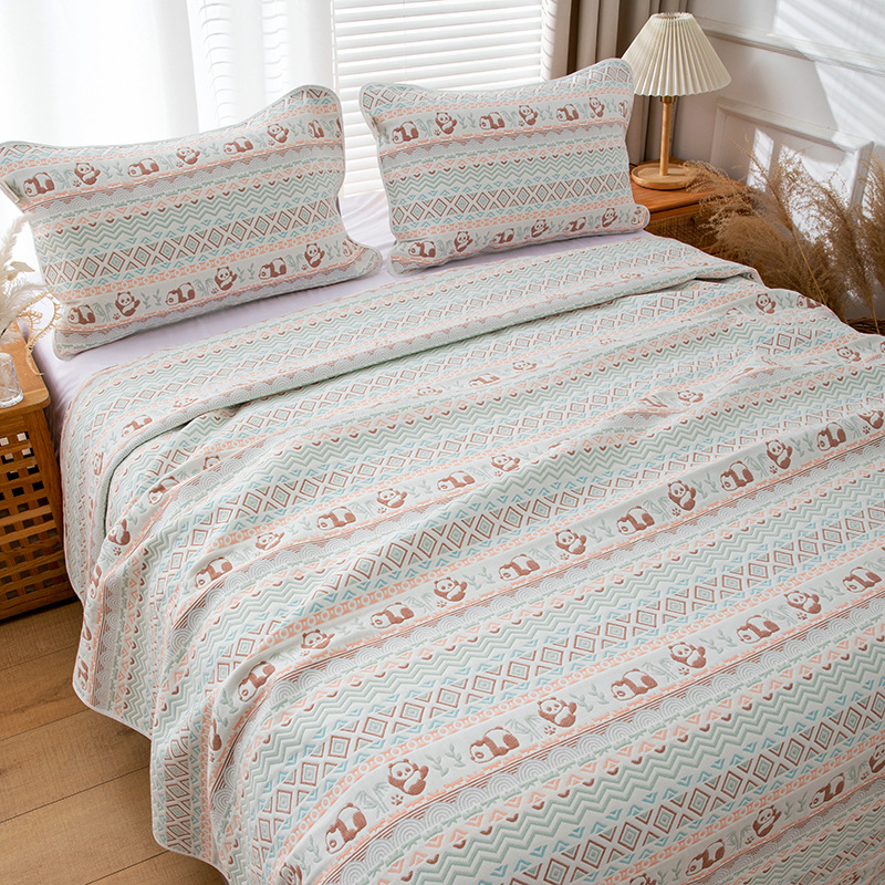 Pure Cotton Six-Layer Gauze Bedspread Set, Yarn-Dyed Jacquard Reversible 3-Piece Coverlet Set, Breathable All-Season Bedding for Bed