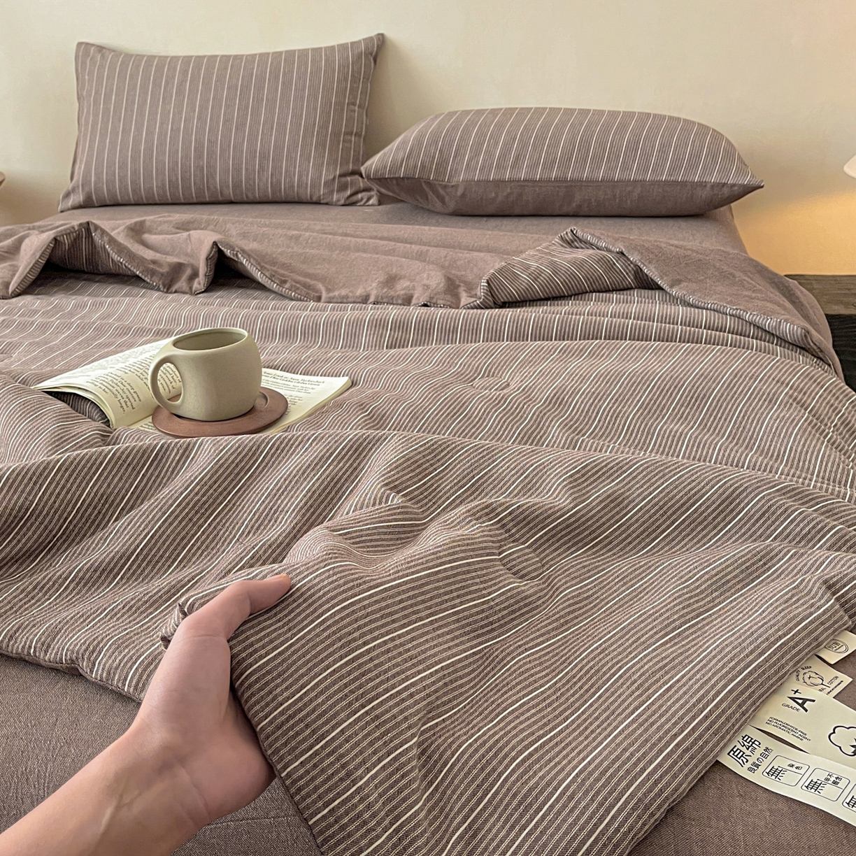 Pure Cotton Yarn-Dyed Washed Summer Quilt Set, 4-Piece Ultra-Soft Breathable Comforter Set with Antibacterial Fiber Filling