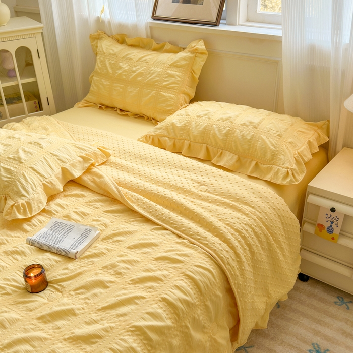 Korean Style Seersucker Summer Quilt, 3D Bubble Dot Reversible Cooling Comforter with Ruffled Edge, Soft Lightweight Quilt for Bed