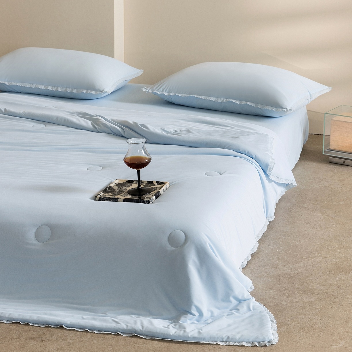 Solid Color Cooling Spandex Blend Summer Quilt Set, 4-Piece Breathable Comforter Set with Bamboo Fiber Filling and Ruffled Trim